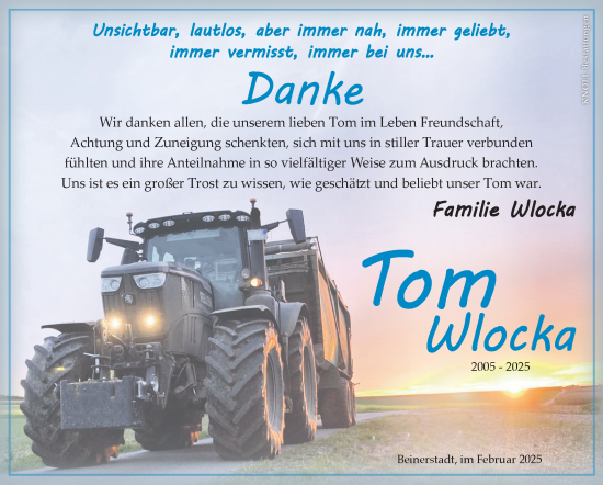 Traueranzeige von Tom Wlocka von Südthüringer Presse