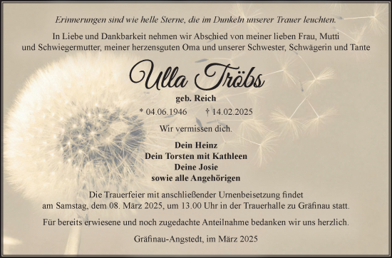 Traueranzeige von Ulla Tröbs von Südthüringer Presse