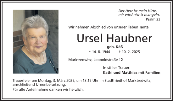Traueranzeige von Ursel Haubner von Frankenpost