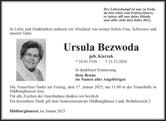 Traueranzeige von Ursula Bezwoda von Südthüringer Presse