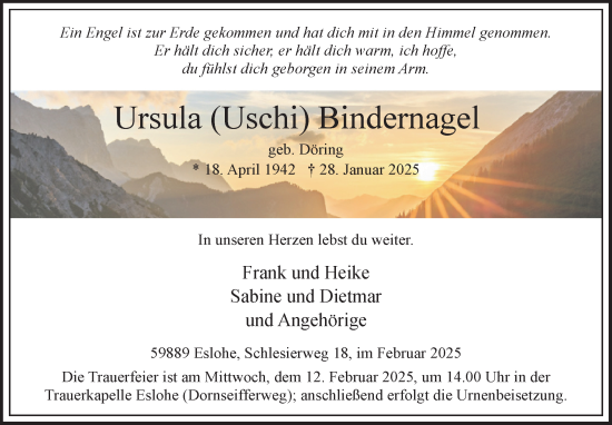 Traueranzeige von Ursula Bindernagel von Südthüringer Presse