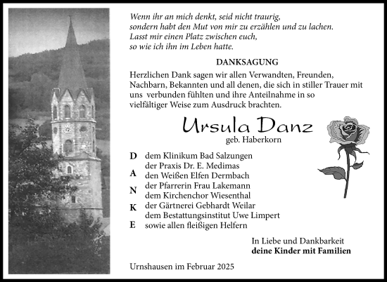 Traueranzeige von Ursula Danz von Südthüringer Presse
