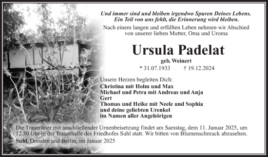 Traueranzeige von Ursula Padelat von Südthüringer Presse