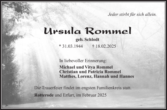 Traueranzeige von Ursula Rommel von Südthüringer Presse