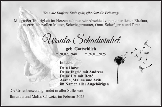 Traueranzeige von Ursula Schadwinkel von Südthüringer Presse