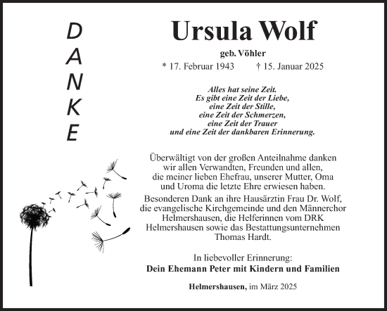 Traueranzeige von Ursula Wolf von Südthüringer Presse