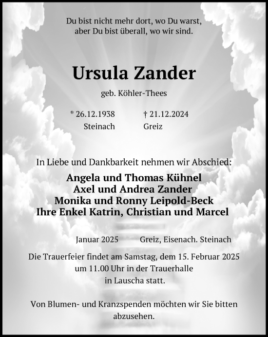 Traueranzeige von Ursula Zander von Südthüringer Presse