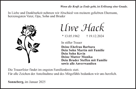 Traueranzeige von Uwe Hack von Südthüringer Presse