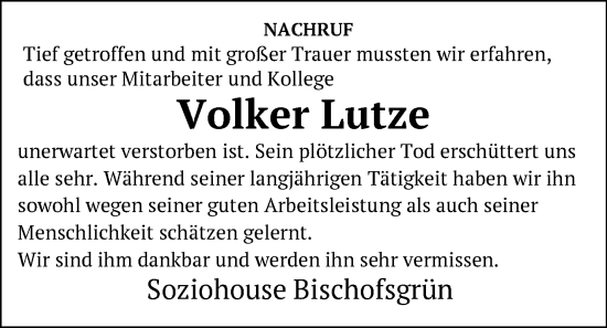 Traueranzeige von Volker Lutze von Frankenpost