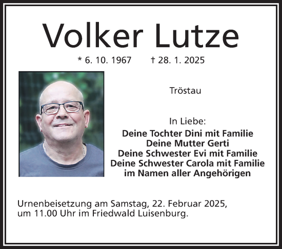 Traueranzeige von Volker Lutze von Frankenpost
