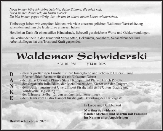 Traueranzeige von Waldemar Schwiderski von Südthüringer Presse
