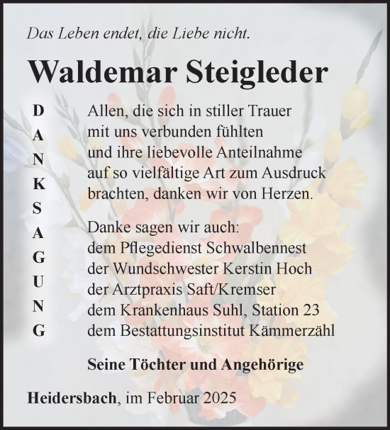 Traueranzeige von Waldemar Steigleder von Südthüringer Presse