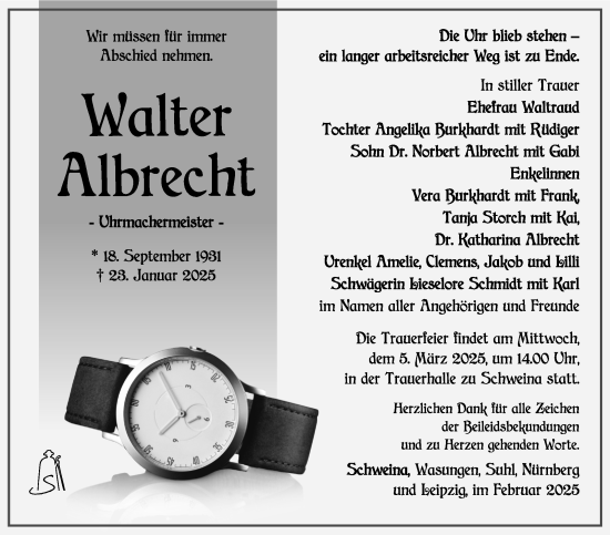 Traueranzeige von Walter Albrecht von Südthüringer Presse