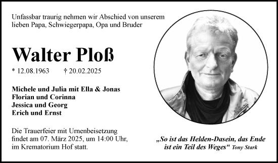 Traueranzeige von Walter Ploß von Frankenpost