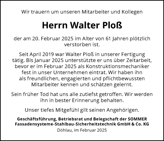 Traueranzeige von Walter Ploß von Frankenpost
