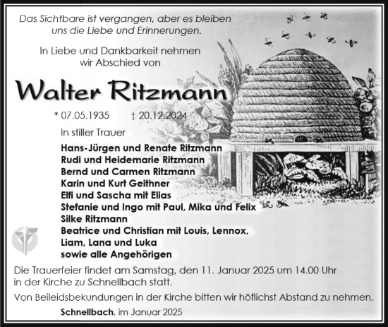 Traueranzeige von Walter Ritzmann von Südthüringer Presse