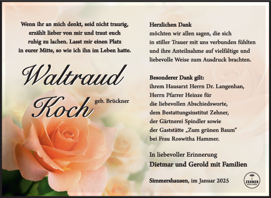 Traueranzeige von Waltraud Koch von Südthüringer Presse