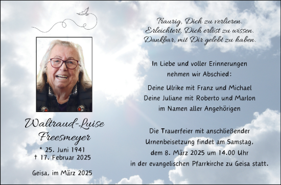 Traueranzeige von Waltraud-Luise Freesmeyer von Südthüringer Presse