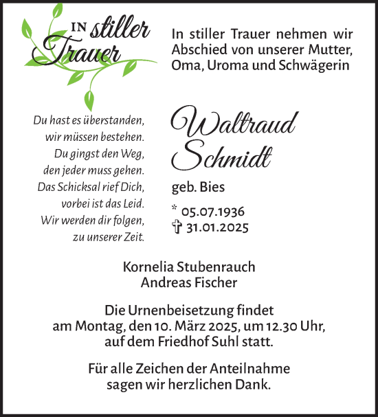 Traueranzeige von Waltraud Schmidt von Südthüringer Presse