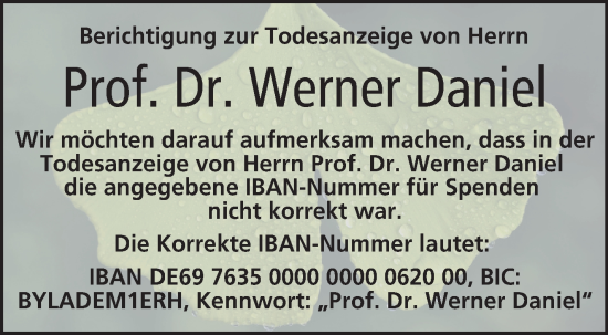 Traueranzeige von Werner Daniel von Neue Presse Coburg