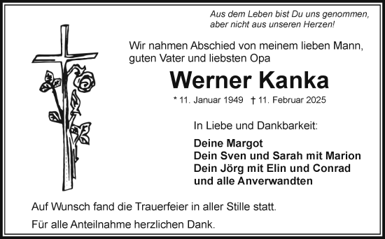 Traueranzeige von Werner Kanka von Frankenpost