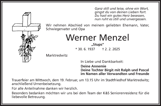 Traueranzeige von Werner Menzel von Frankenpost