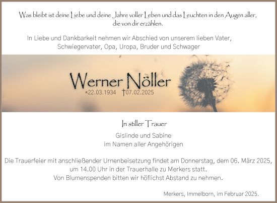 Traueranzeige von Werner Nöller von Südthüringer Presse