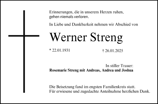 Traueranzeige von Werner Streng von Neue Presse Coburg