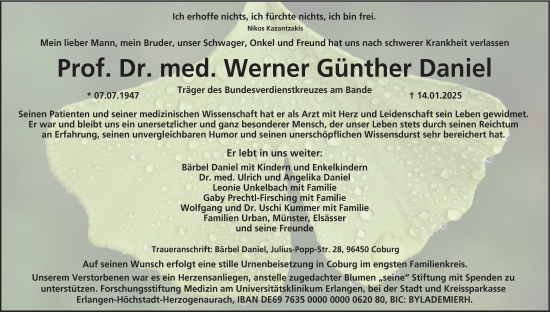 Traueranzeige von Werner Günther Daniel von Neue Presse Coburg