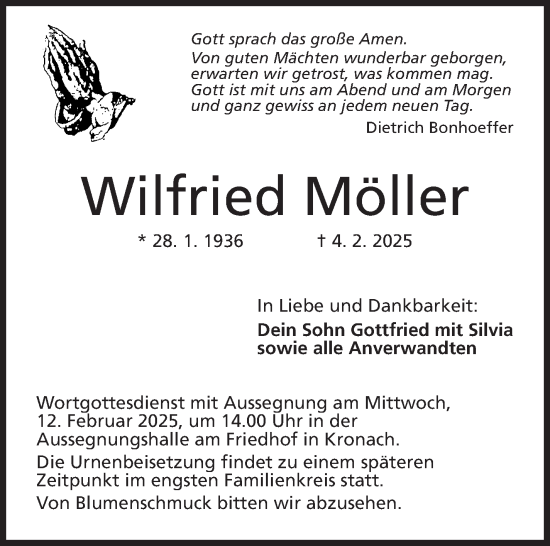 Traueranzeige von Wilfried Möller von Neue Presse Coburg
