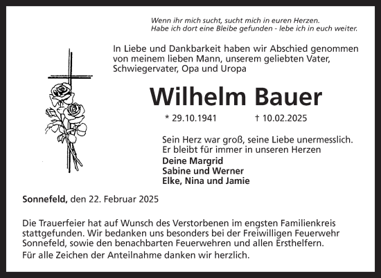 Traueranzeige von Wilhelm Bauer von Neue Presse Coburg