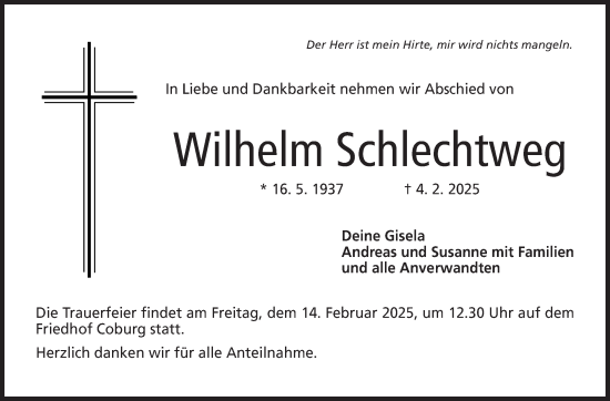 Traueranzeige von Wilhelm Schlechtweg von Neue Presse Coburg