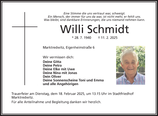 Traueranzeige von Willi Schmidt von Frankenpost