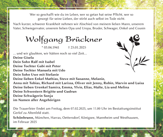 Traueranzeige von Wolfgang Brückner von Südthüringer Presse