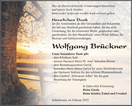 Traueranzeige von Wolfgang Brückner von Südthüringer Presse