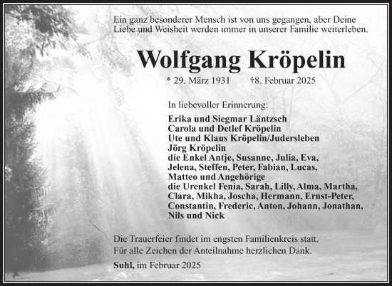 Traueranzeige von Wolfgang Kröpelin von Südthüringer Presse