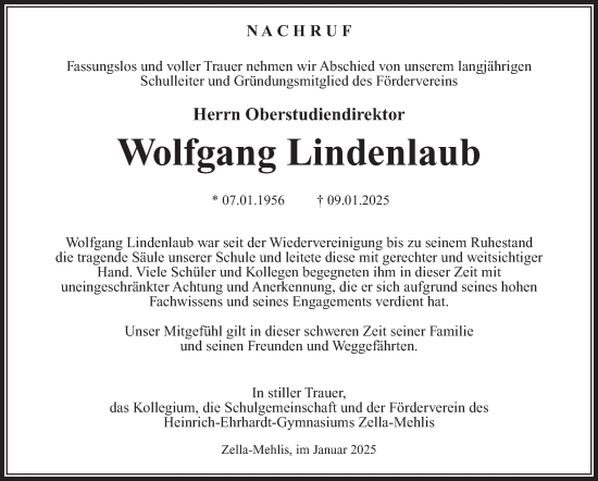 Traueranzeige von Wolfgang Lindenlaub von Südthüringer Presse