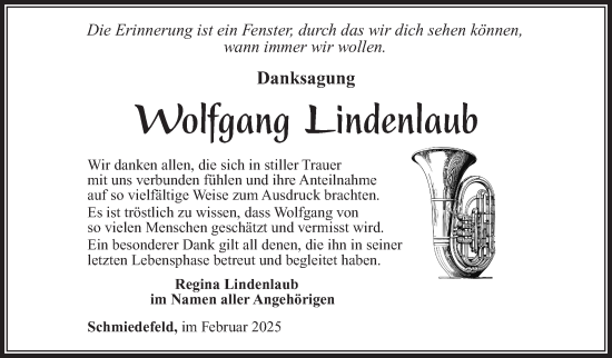 Traueranzeige von Wolfgang Lindenlaub von Südthüringer Presse