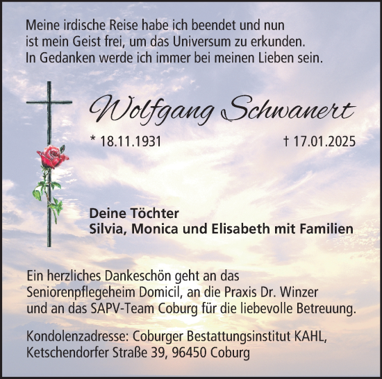 Traueranzeige von Wolfgang Schwanert von Neue Presse Coburg