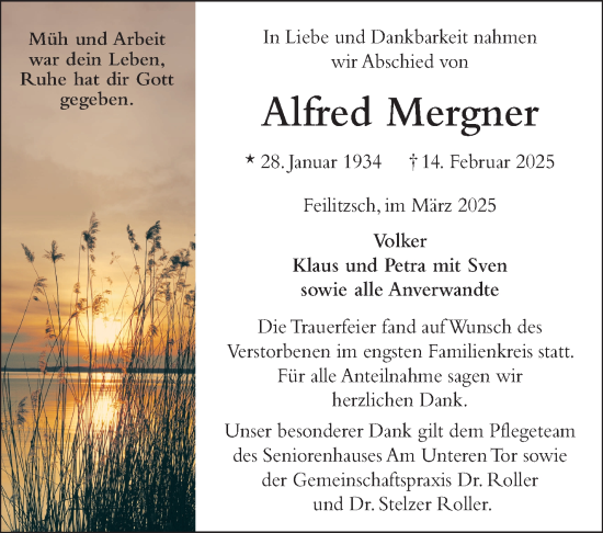 Traueranzeige von Alfred Mergner von Frankenpost
