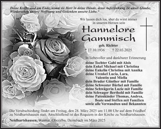 Traueranzeige von Hannelore Gammisch von Südthüringer Presse