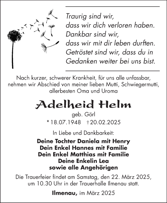 Traueranzeige von Adelheid Helm von Südthüringer Presse