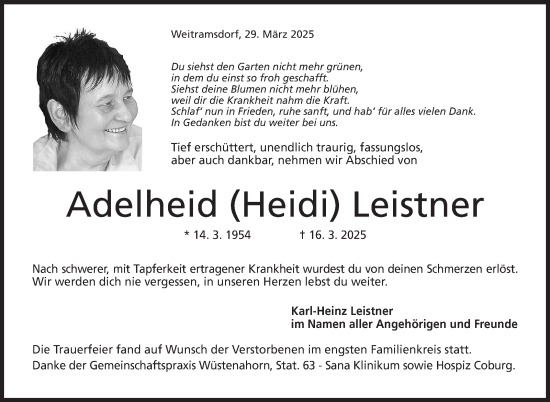 Traueranzeige von Adelheid Leistner von Neue Presse Coburg