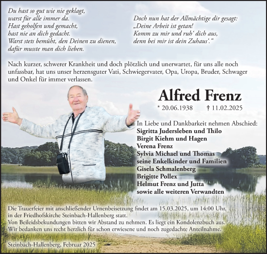 Traueranzeige von Alfred Frenz von Südthüringer Presse