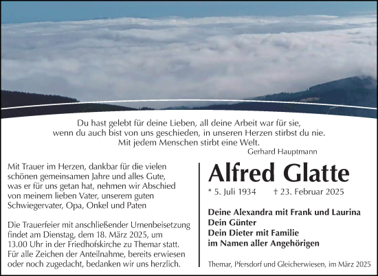 Traueranzeige von Alfred Glatte von Südthüringer Presse
