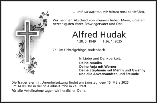 Traueranzeige von Alfred Hudak von Frankenpost