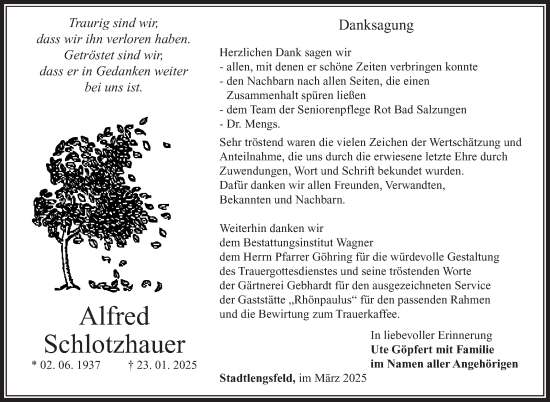 Traueranzeige von Alfred Schlotzhauer von Südthüringer Presse