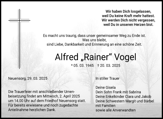 Traueranzeige von Alfred Vogel von Neue Presse Coburg