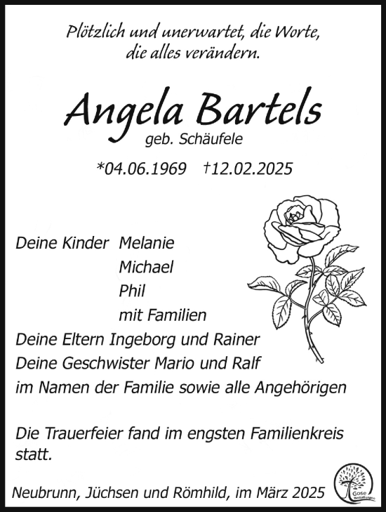 Traueranzeige von Angela Bartels von Südthüringer Presse