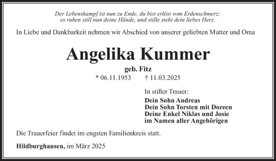 Traueranzeige von Angelika Kummer von Südthüringer Presse